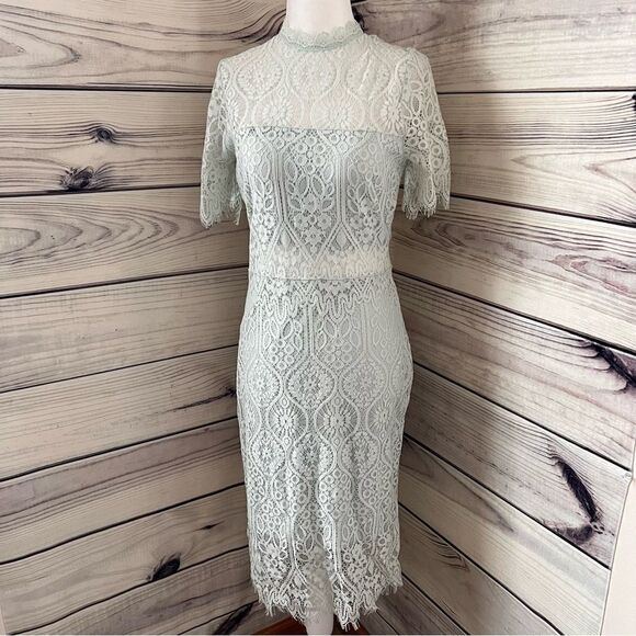 Lulus Light Blue Lace Short Sleeve Mock Neck Dress - Picture 6 of 13